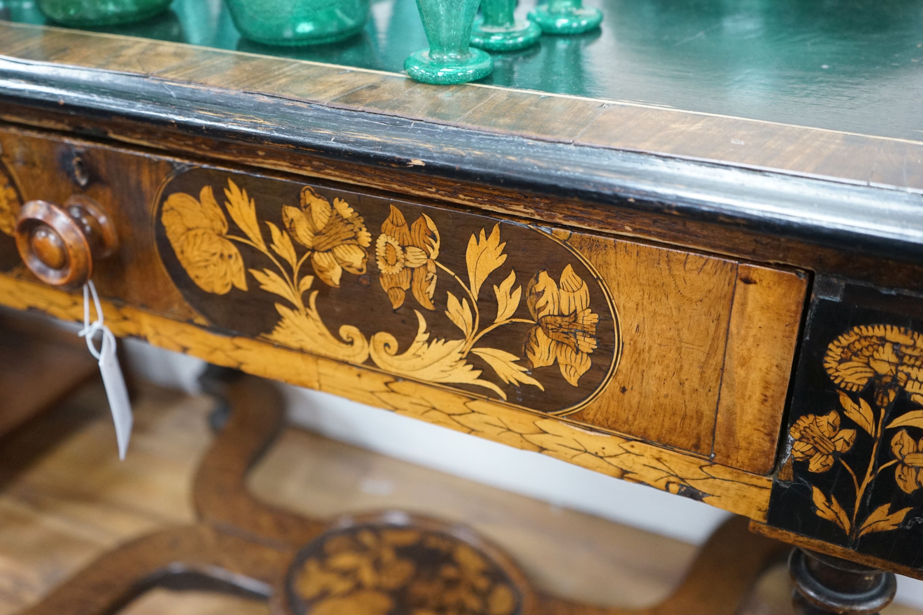 An 18th century marquetry inlaid oak and walnut side table, width 93cm, depth 63cm, height 75cm